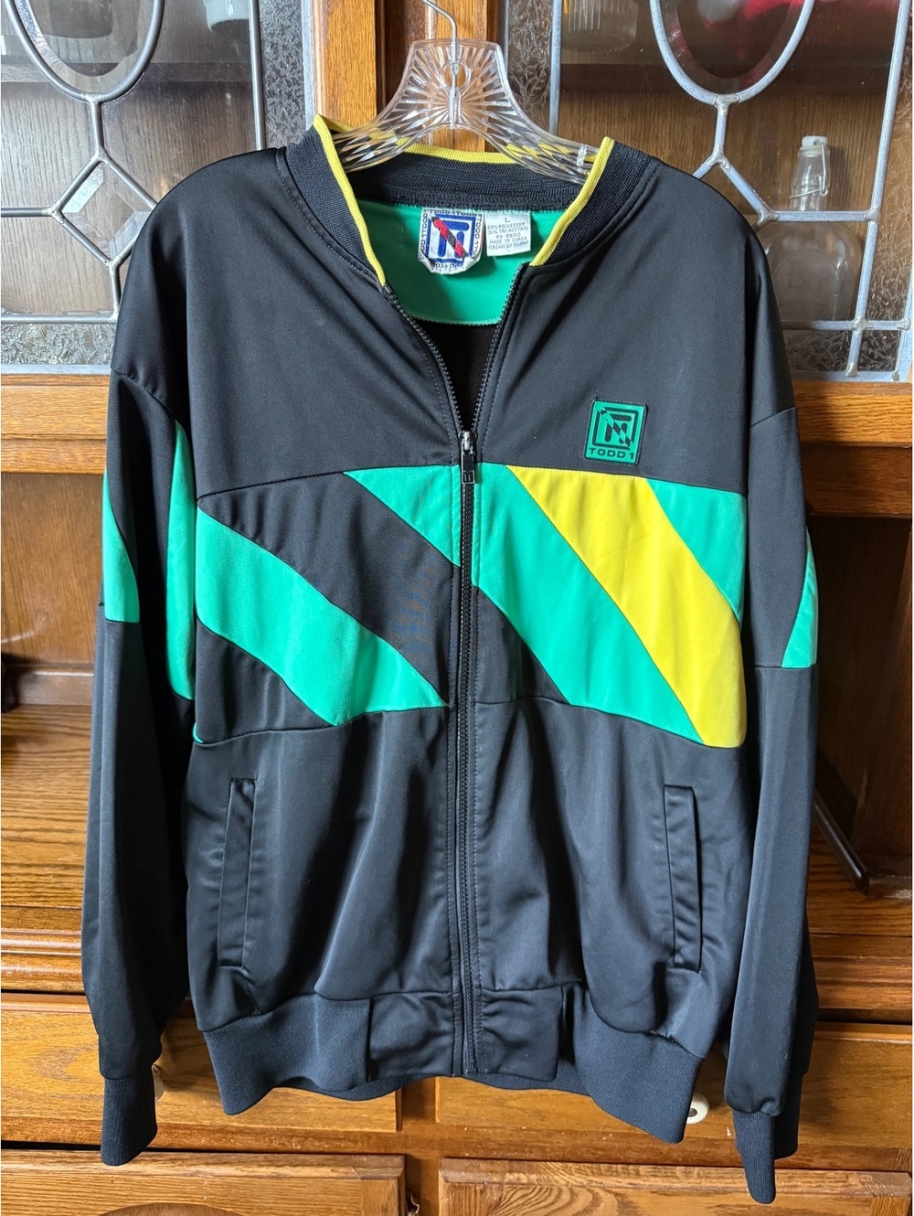 Vintage Todd 1 Color Block Track Jacket Black Green Yellow Sz L 90s Streetwear